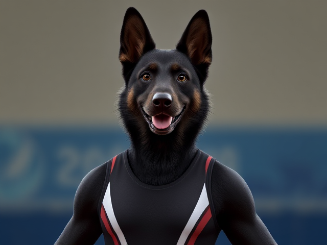 A anthropomorphic black German shepherd Olympic gymnast wearing a leotard
