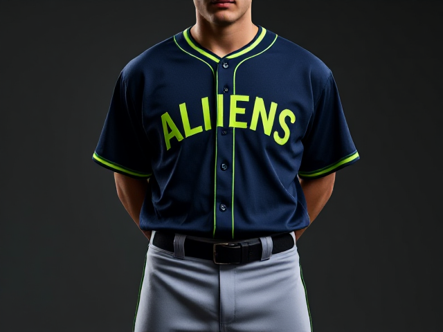 A navy baseball jersey with aliens written across the front in neon green with neon green piping around the neck and cuffs of the jersey with grey baseball pants with navy and neon green piping down the sides with a neon green belt
