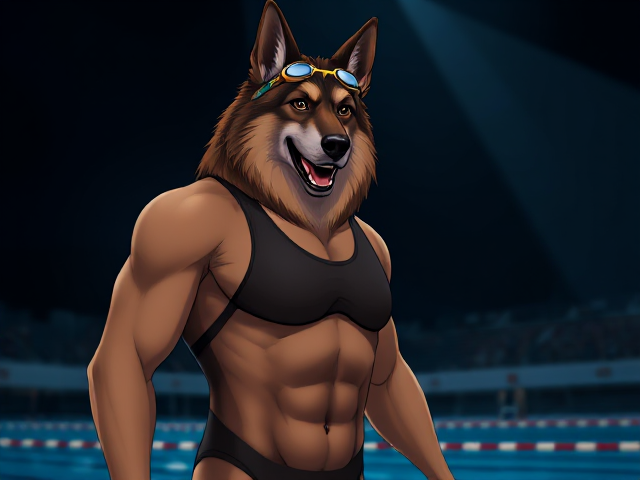A tall anthropomorphic long haired German shepherd Olympic swimmer with a long torso, wearing a one piece swimsuit and swimming goggles