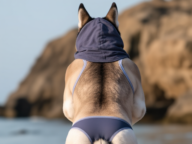 A anthropomorphic Siberian husky wearing a hoodie over a sports swimsuit