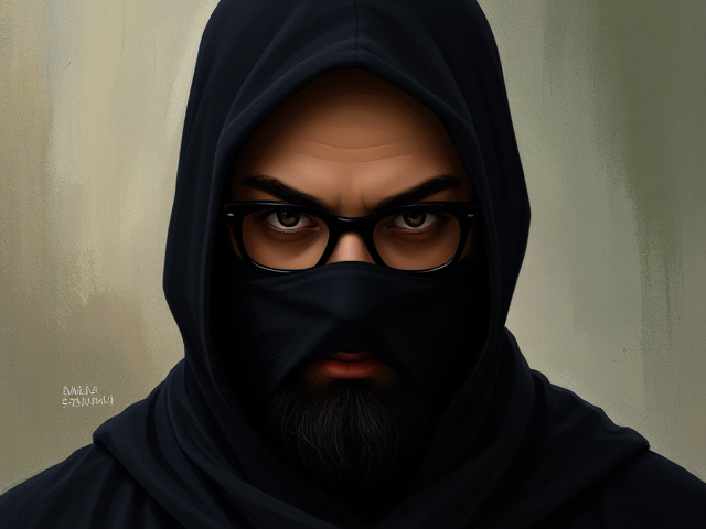 An anime art style image of A bald young Muslim man with a bushy beard wearing black-framed eyeglasses, as a Samurai fighting zombies in ancient Japan


a moody, atmospheric portrait of a mysterious masked figure. The character is cloaked in black, with their face partially obscured by a dark headscarf, leaving only intense, glowing eyes visible. The surrounding background is abstract, painted in muted tones of beige, green, and grey, giving a textured and gritty feel. The art style should resemble an impressionistic oil painting, with visible brushstrokes and a focus on dramatic lighting and shadow. The overall composition conveys an air of enigma and subtle danger, with soft, blended edges contrasting with the sharpness of the eyes.