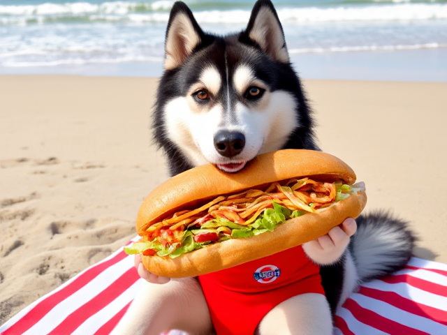 Anthropomorphic Alaskan malamute with expressive eyes and a playful grin, wearing a bright red lifeguard one-piece swimsuit with a small lifeguard emblem, sitting on a striped beach towel while eating a large, overflowing sub sandwich filled with colorful ingredients like lettuce, tomatoes, and cheese, surrounded by sunlit sand and gentle ocean waves in the background, vibrant colors and intricate detailed fur texture with highlights
