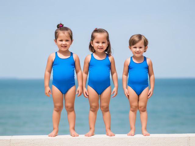 Three small girls in blue one piece swimsuits stood on a wall