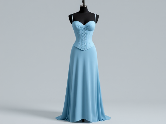 Longue Robe bleue claire avec corset portée par un mannequin noir