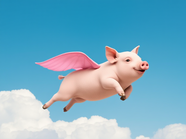 A whimsical pig with pink wings joyfully soaring through a clear blue sky filled with fluffy white clouds, bright and colorful, highly detailed and vibrant
