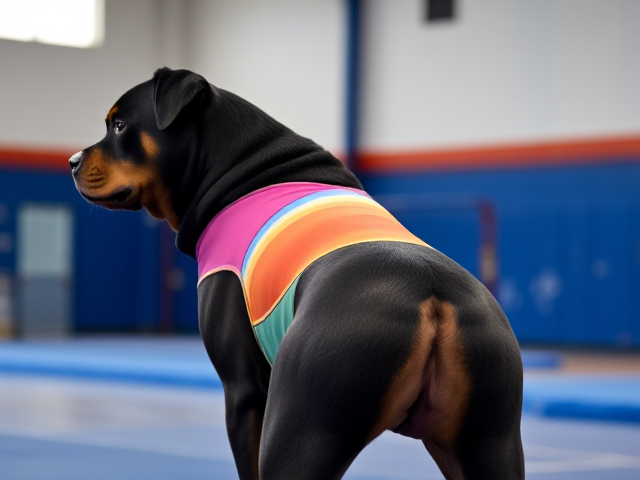 Rottweiler wearing a colorful gymnastics leotard, emphasizing its strong hips, in a vibrant gymnasium setting