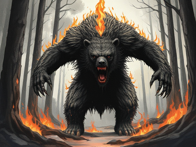 Scary Ancient bear godly monster with the powers of fire, surround by a Scary forest on fire