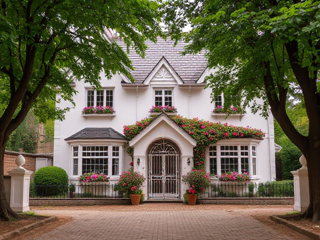 At the end of a tree-lined street stood an opulent pink feminine cottage that looked like it had been plucked straight from a fairy tale. It was a two-story structure with white-painted walls and a steep, gabled roof covered in weathered slate tiles. Climbing roses framed the arched front door, and window boxes overflowed with colorful flowers. A wrought-iron gate opened onto a brick pathway.