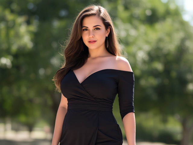 femme ronde élégante, portant une robe chic, dans un environnement naturel lumineux