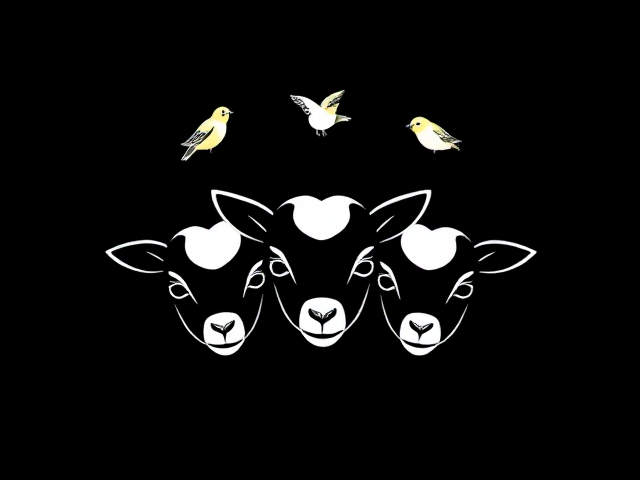 Draw a logo with three baby goats' faces and little honeyeater birds flying above them using a single line to draw