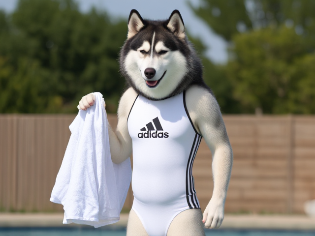 A tall anthropomorphic Siberian husky wearing an adidas swimsuit drying off with a towel
