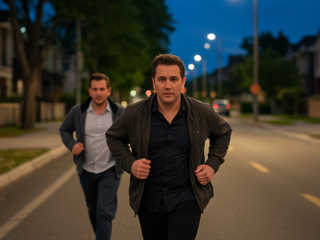 Two serious looking middle aged men running down the street in the suburbs in the middle of the night