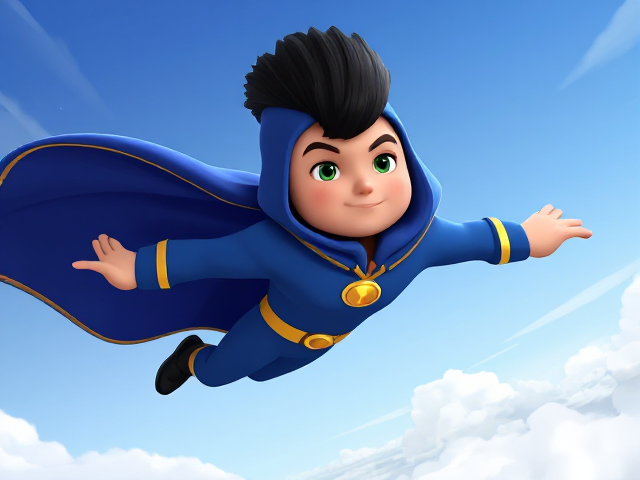 2D Modern Cartoon scene: A preteen 12-year old boy with light skin and freckles on his cheeks named Kyle Lipton, but transformed into a superhero named Dr. Dimensionpants, who, despite still being a kid, has an extremely muscular body. He wears a tight blue hood outlined by a yellow line that covers the back half of his head and leaves his ears exposed, with a smooth, slicked back black mohawk on top. He also wears a sleek blue bodysuit outlined with yellow lines on the cuffs of the sleeves and pants, a golden belt with a circular buckle, black boots, and a really big, heel-length long, ultra-wide blue cape with a really big collar outlined with yellow lines wreathed around his neck held up by a golden button. The pupils in his eyes are green, and he has a long black twin moustache, which help protect his true identity in this form. He also has incredible, invincible, and cosmic superpowers flowing through his veins. He is currently flying through the sky at an incalculable speed, searching for trouble, his cape billowing majestically.