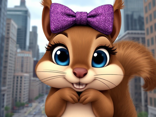 A repulsively cute cartoon squirrel with enormous, glistening watery blue eyes and long, thick eyelashes. It is wearing a sparkly purple bow on its head. The squirrel's paws are tucked under its chin as it cocks its head slightly to the side. It has soft brown fur and two large front teeth. The background is set in a detailed cityscape of Minneapolis, MN.