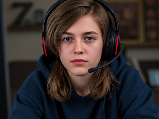 generate a 15 year old teen with long brown hair and some dark blue sweatpants and a dark blue sweatshirt. he is a gamer with black and red headset and he stinks