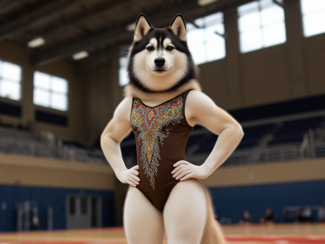 An anthropomorphic Alaskan malamute with strong hips wearing a gymnastics leotard in a gymnasium