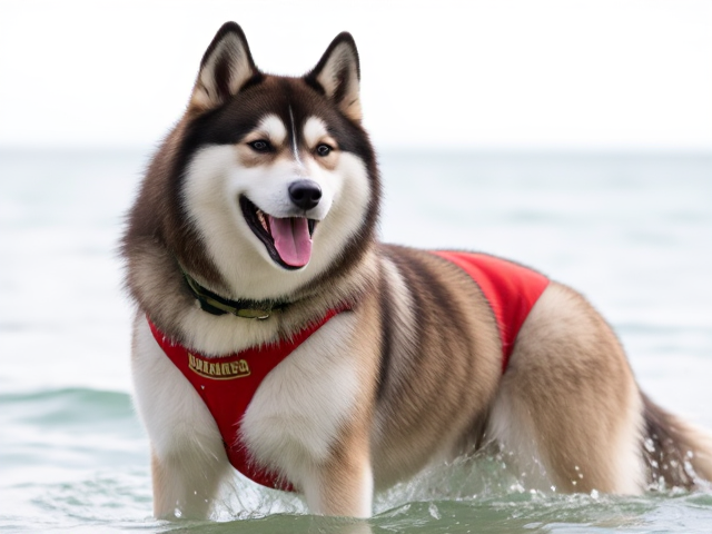 A anthropomorphic alaskan malamute  wearing a red lifeguard one piece swimsuit