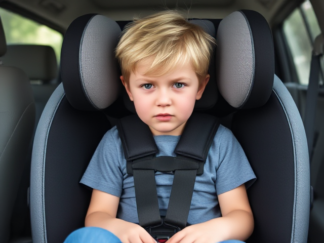 frustrated 10 year old blonde boy sitting in a britax frontier with a 5 point harness. wearing jeans and a t-shirt