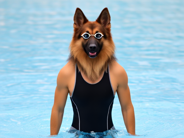 A tall anthropomorphic long haired German shepherd Olympic swimmer with a long torso, wearing a one piece swimsuit and swimming goggles