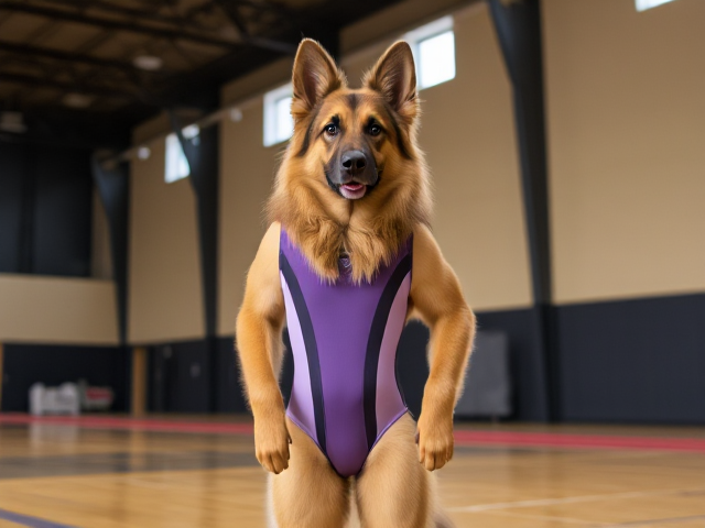 A anthropomorphic long haired German shepherd wearing a gymnastics leotard in a gymnasium