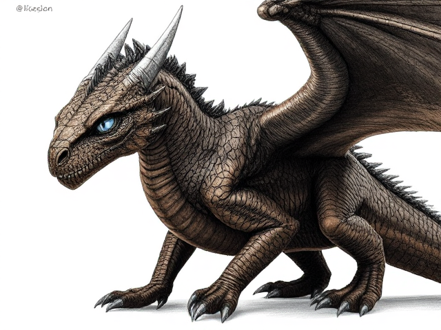 Female dragon with leather brown scales and dark midnight-black wings; obsidian black underbelly and dark brown clawed feet. She has a deep, jagged scar crossing the left side of her face from her eye down to her nose, alongside small yet numerous battle marks and scratches. Her eyes are ice blue. Narrow, beautiful face and an elegantly long neck. Has ears like a horse. Powerfully and dominantly built with taut muscles under her scales. She moves purposefully and proudly