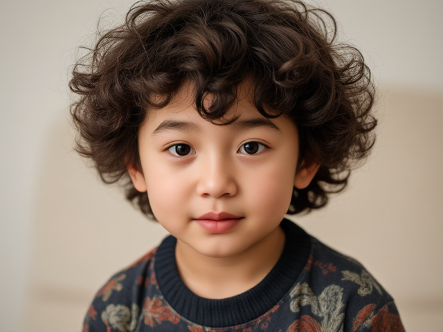 A Chinese  roly poly boy in 6 age with curly hair