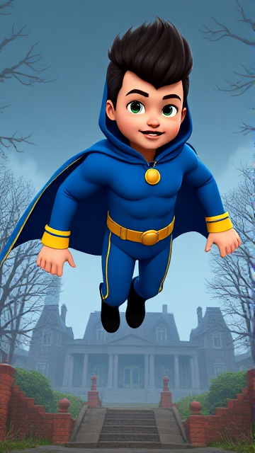 2D cartoon movie scene: A preteen 12-year old boy with light skin and freckles on his cheeks named Kyle Lipton, but transformed into a superhero named Dr. Dimensionpants, who, despite still being a kid, has an extremely muscular body. He wears a tight blue hood outlined by a yellow line that covers the back half of his head and leaves his ears exposed, with a smooth, slicked back black mohawk on top. He also wears a sleek blue bodysuit outlined with yellow lines on the cuffs of the sleeves and pants, a golden belt with a circular buckle, black boots, and a really big, toe-length, ultra-wide blue cape with a really big collar outlined with yellow lines wreathed around his neck held up by a golden button. The pupils in his eyes are green, and he has a black twin moustache. He also has incredible, invincible, and cosmic superpowers flowing through his veins. He is currently floating and levitating as he slowly glides and descends down to the grounds of an abandoned mansion after a long flight, preparing to land so he can begin his investigation, as he senses a mysterious energy within.