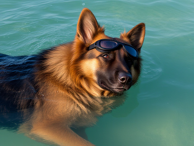 A long haired German shepherd wearing Freediving goggles with its head just out of the ocean’s water lying on its back
