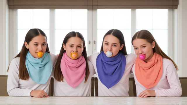 Quatres filles adolescentes assise a table avec des grandes serviette en papier autour du cou de différentes couleurs et des tétines en bouche de différentes couleurs elles ont les cheveux lisses et dégagé à l’avant elles sont en pyjamas simple et il y a une grande fenêtre derrière la table et elles se font un gros câlin