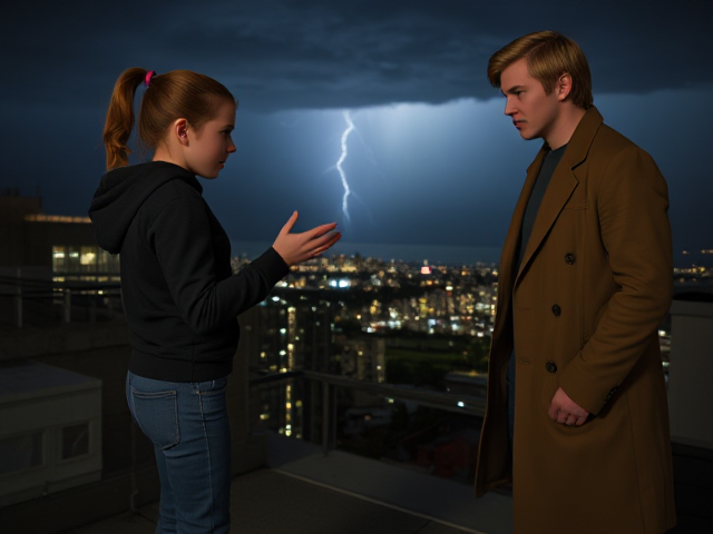 A petite 13-year-old girl with strawberry blonde hair in a ponytail, wearing a hooded pullover and jeans, is standing on the roof ledge of a night club. Next to her on the roof, standing nearby is a modern-day, pale skinned vampire in his late twenties, with blonde hair, dressed in a brown trench coat and jeans. He appears uneasy as he looks at her, holding his hands out and palms up, taking a step back. The girl gestures angrily at him with her hands, flailing her arms and scowling angrily at him in frustration. A thunderstorm approaches the cityscape from the sea shore. Set at night. The girl has a cut in her forehead.