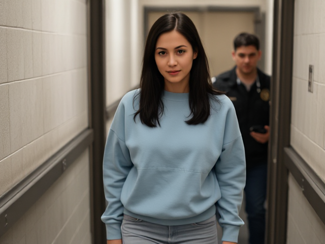 Thin brunette in her 20s with dark hair wearing a light blue sweatshirt and light blue jeans bring escorted in jail to a chamber