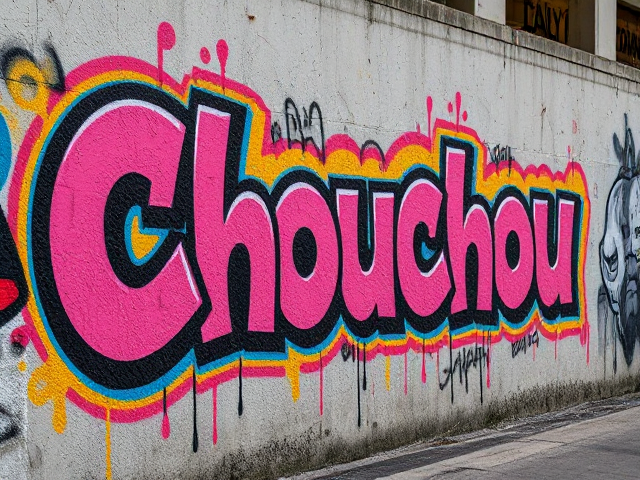 Graffiti dynamique et coloré avec le mot "Chouchou" sur un mur urbain, lumière naturelle, détails ultra-réalistes, textures riches