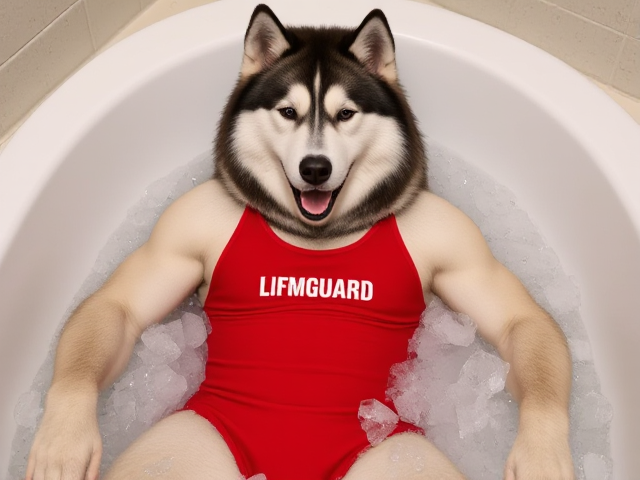 A anthropomorphic muscular alaskan malamute wearing a red lifeguard one piece swimsuit in a bathtub full of ice
