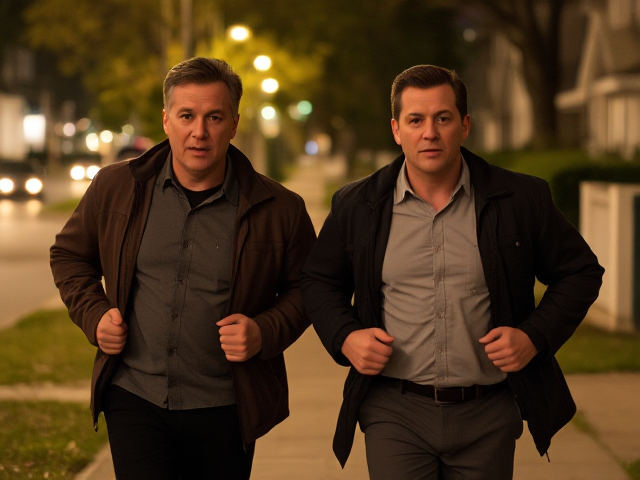 Two serious looking middle aged men running down the sidewalk in the suburbs in the middle of the night