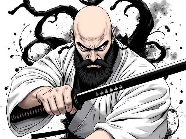 a dynamic, anime-style illustration of a fierce samurai warrior. The warrior should have a focused, intense expression, with a bald head, a rugged bushy beard, and a traditional white samurai robe that's slightly tattered. His hand grips a katana with the blade drawn downward. Black, inky tendrils swirl around him, adding a sense of dark, chaotic energy. The background should be minimal to keep focus on the samurai, with brushstroke-style effects and splashes that enhance the dramatic, intense atmosphere. The art style should have rough, bold lines and a monochromatic colour palette with high contrast.