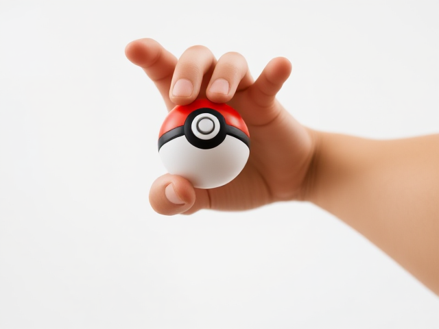 A realistic human right hand with a portion of the forearm visible, extended forward as if holding and presenting an object. The hand is in a grabbing pose, firmly grasping a small Pokémon ball (Poké Ball) that matches the size of the hand. The skin texture should be natural and detailed, with soft lighting and a clean white background. The perspective should show the hand and arm coming from below or slightly at an angle, focusing on the hand and ball