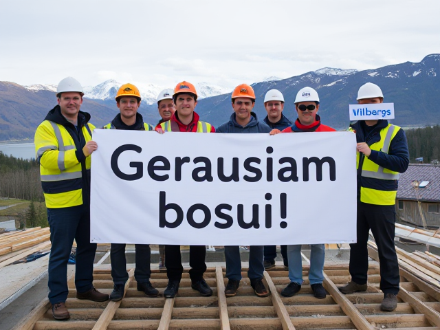 image in which group of workers are holdings big sign in which is writen this text: Geriausiam bosui! Few worker in back are holding smaller sign with blue text: Wilbergs.  do not change sign text. Workers are standing in construction on house roof,. scenery is norway mountains. do not change sign text.