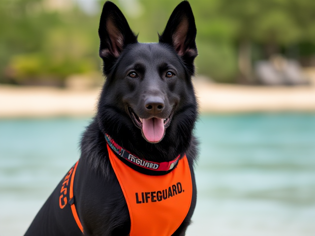 A anthropomorphic black German shepherd wearing a lifeguard one-piece swimsuit