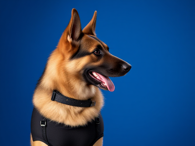 A anthropomorphic police dog German shepherd wearing a leotard