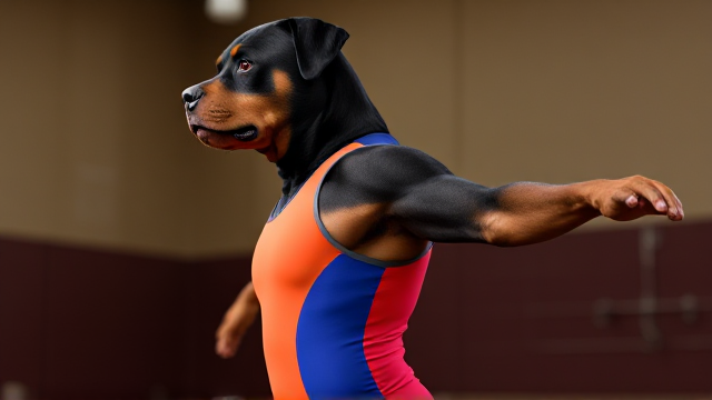 Anthropomorphic Rottweiler wearing a vibrant gymnastics leotard, posing dynamically in a gym setting, detailed fur texture and realistic lighting