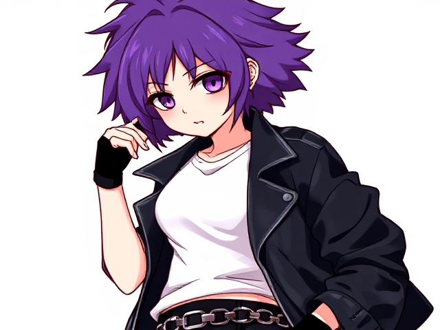 Mha OC. Purple fluffy hair. White tshirt. Black chained pants. Leather Jacket. Fingerless gloves. Halloween pfp.
