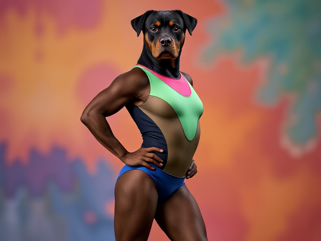 Anthropomorphic Rottweiler with strong hips, wearing a colorful gymnastics leotard, in an athletic pose, vibrant background