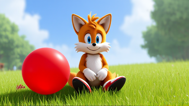 Tails the Fox sits on a red balloon on the grass to pop it SEGA Video Game