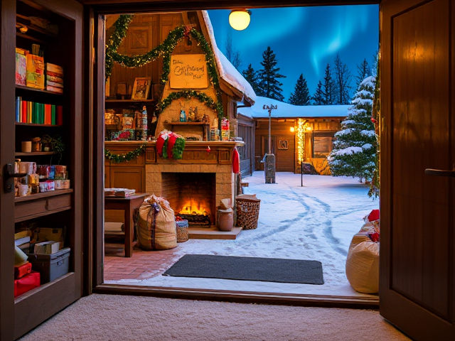 Background Concept Description (Zoomed-In)
Perspective & Framing:

The scene is set at the doorway of Santa’s workshop, with the camera angle slightly inside and tilted toward the open doors.
The focus captures half of the cozy interior and half of the snowy exterior, showing an active Christmas preparation scene.
Interior Workshop Details:

On the left-hand side (inside):
A workbench filled with colorful wrapping paper, scissors, ribbons, and boxes of small tools.
Nearby shelves are stacked with toys and wrapped presents, with a few partially wrapped gifts mid-process, as though paused in action.
A glowing fireplace with stockings adds warmth in the background, with garland and fairy lights strung along the beams.
A large sack of toys sits near the door, spilling a few gifts onto the floor for a natural, bustling look.
A small wooden chalkboard leans against the wall with “Elf Schedule: Christmas Prep!” written in playful handwriting.
Exterior North Pole Details:

On the right-hand side (outside):
Snow covers the ground, with a wooden sign reading "Santa’s Workshop" staked nearby.
Several sacks of gifts are piled near the doorway, dusted with snow, ready for loading onto the sleigh.
A reindeer harness is casually draped over a post, hinting at upcoming travel.
A few pine trees frame the snowy courtyard, lit with soft golden fairy lights, adding to the holiday charm.
Tracks from reindeer hooves and sleigh runners are visible in the snow, leading away from the workshop.
Scene Highlights:

The open doors create a seamless blend of inside and outside, with golden workshop lights spilling into the cool blue tones of the snowy North Pole night.
Tiny details like a mug of hot cocoa on the workbench, bells hanging on the door, and stray ribbons or bows scattered on the floor add authenticity.
In the sky, faint aurora borealis glimmers above, adding to the magical atmosphere.
Key Placement for Characters (Space Allocation):

The foreground is left open, making room for the family (to be added later) standing right at the doorway, perfectly bridging the interior and exterior.
Subtle signs like scattered wrapping materials, ready gifts, and preparation tools make it clear that Christmas preparations are in full swing.