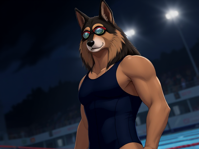 A tall anthropomorphic long haired German shepherd Olympic swimmer with a long torso, wearing a one piece swimsuit and swimming goggles