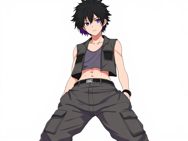baggy cargo pants, sleeveless crop top vest, black and purple fluffy shirt hair. Nonbinary. Anime. Male.
Oc.
