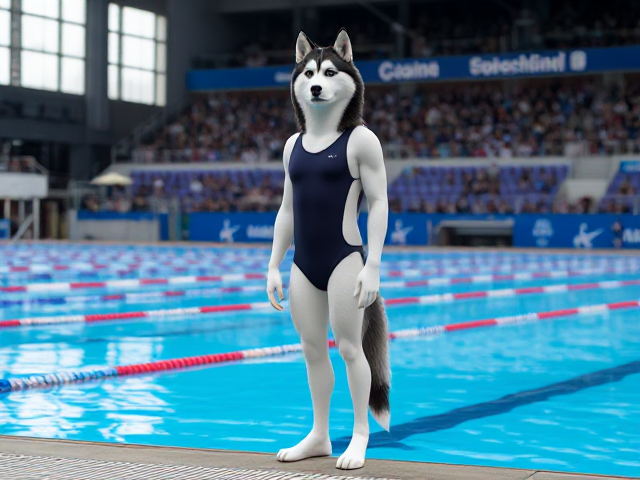 A tall ((anthropomorphic)) Siberian husky Olympic swimmer with a long torso  wearing a one piece swimsuit standing on the pool deck