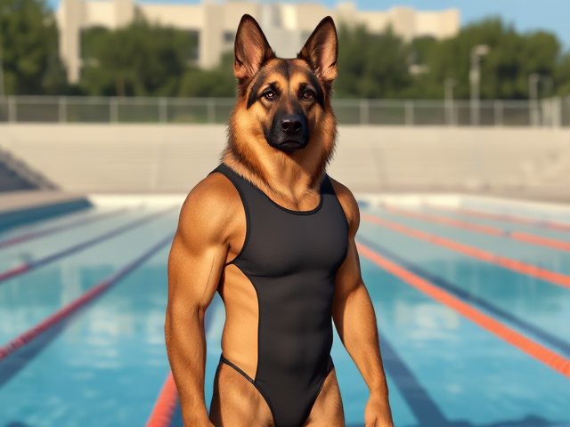 A tall and lean anthropomorphic long-haired German shepherd with broad shoulders and a long torso, wearing a adidas one piece swimsuit while standing next to a Olympic-Sized swimming pool