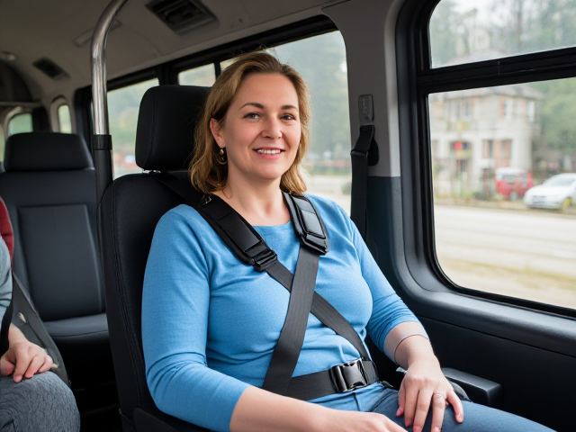 Woman on the bus in a special needs carseat wearing a 5 point harness