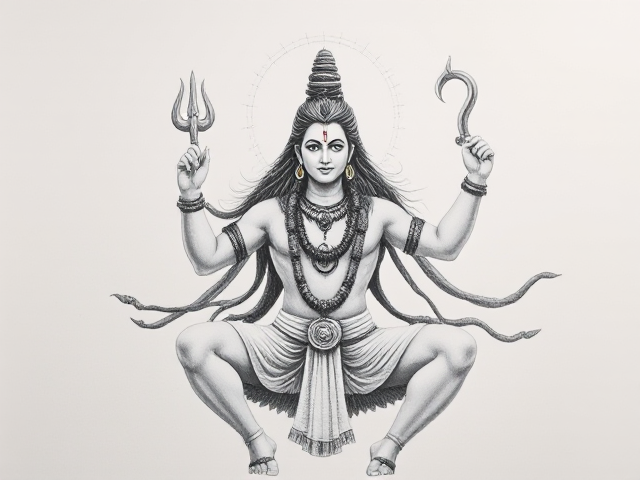 lord shiva with trishul dancing image drawing white color